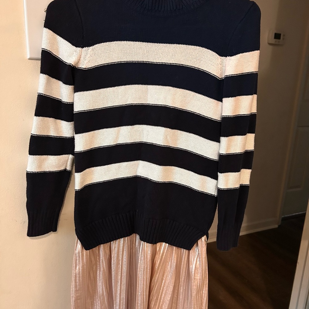 Crewcuts Navy&White Striped Sweater Dress with Shimmery Pleated Skirt